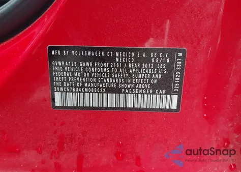 2019 Volkswagen Jetta 1.4T R-Line/1.4T S/1.4T Se из США, поврежденный, VIN 3VWC57BU4KM088622